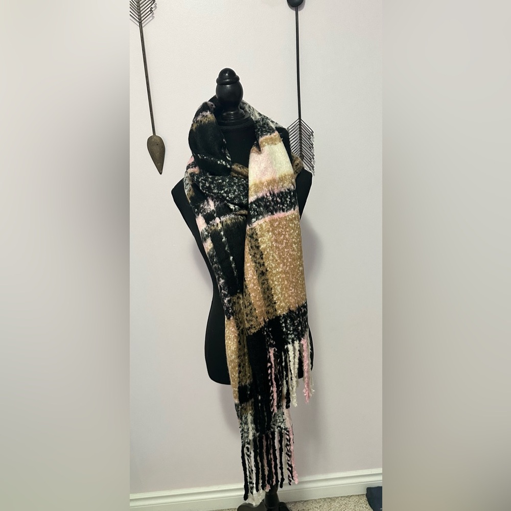 Plaid Fringe Scarf in Black, Tan, and Pink